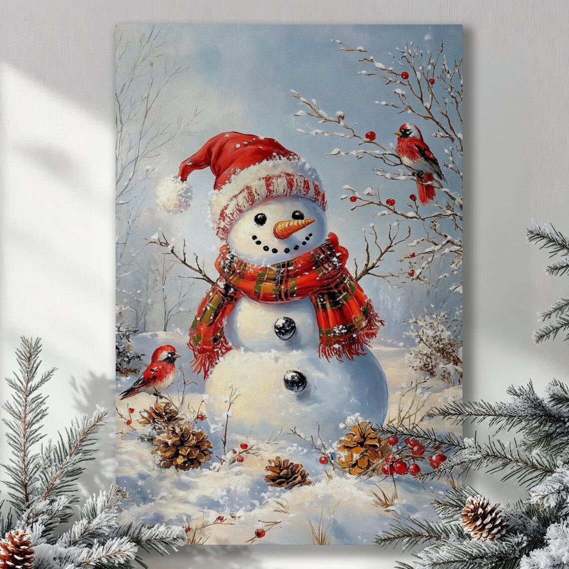 Cheerful Snowman With Cardinals Winter Painting Christmas Canvas Poster
