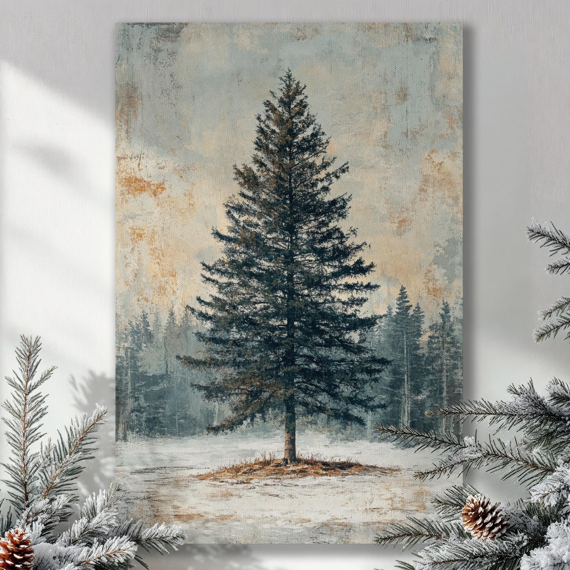 Winter Evergreen Tree Painting Poster Rustic Farmhouse Christmas Decor