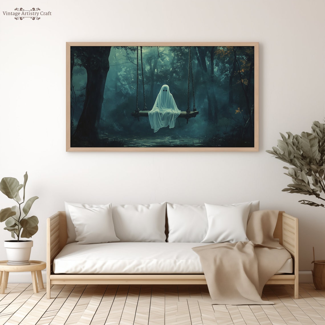 Cute Sheet Ghost on Swing in Misty Forest Spooky Halloween Poster - Image 5