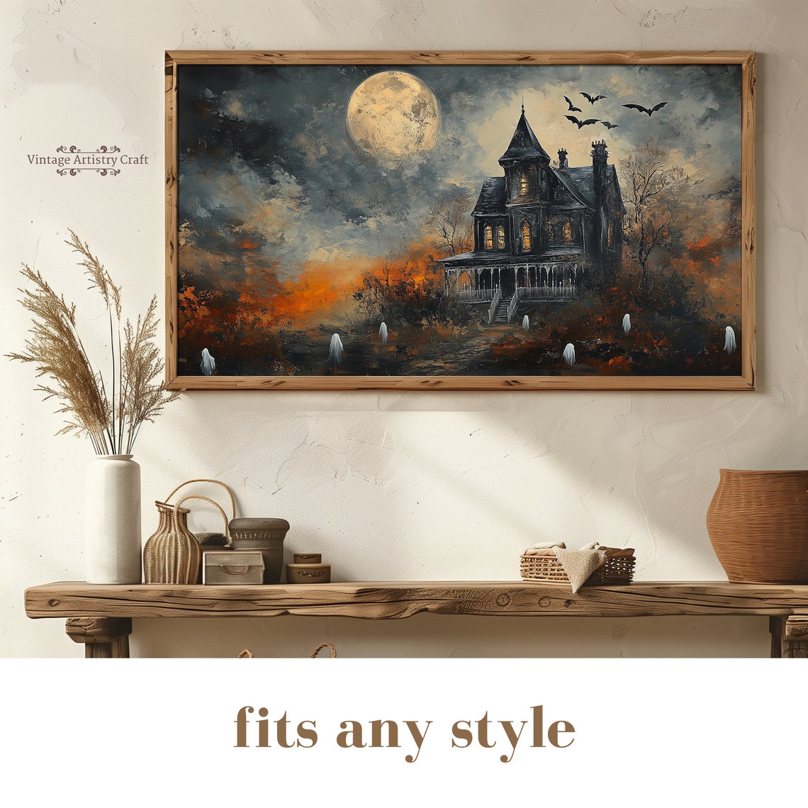 Haunted House Under Full Moon Ghosts And Bats Halloween Poster - Image 7