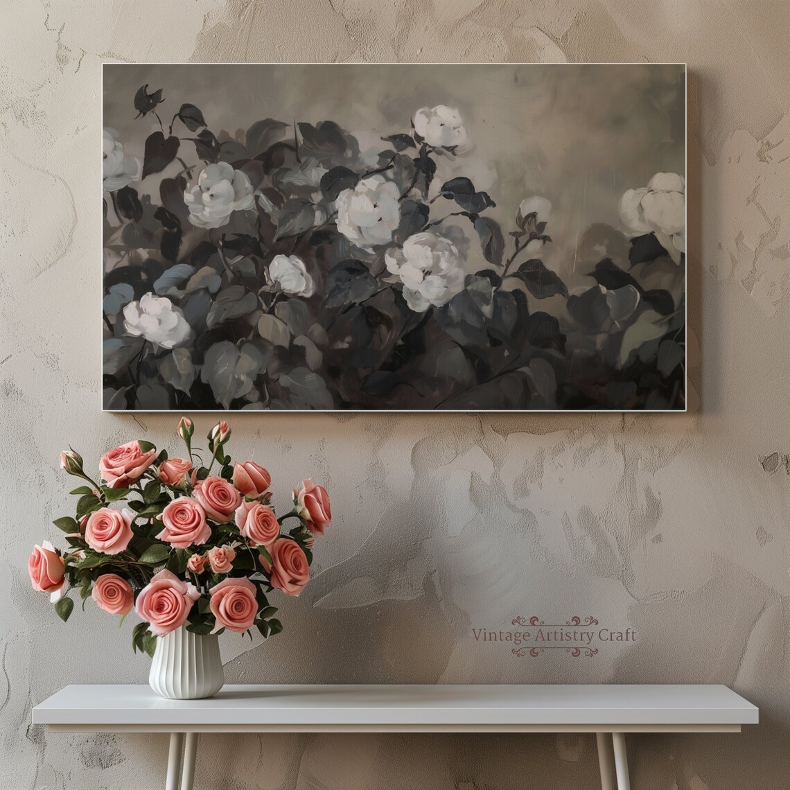 Vintage White Flowers Oil Painting Art Print - Image 3