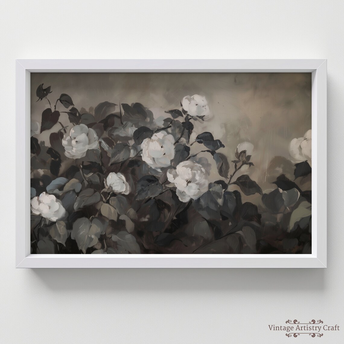 Vintage White Flowers Oil Painting Art Print - Image 4