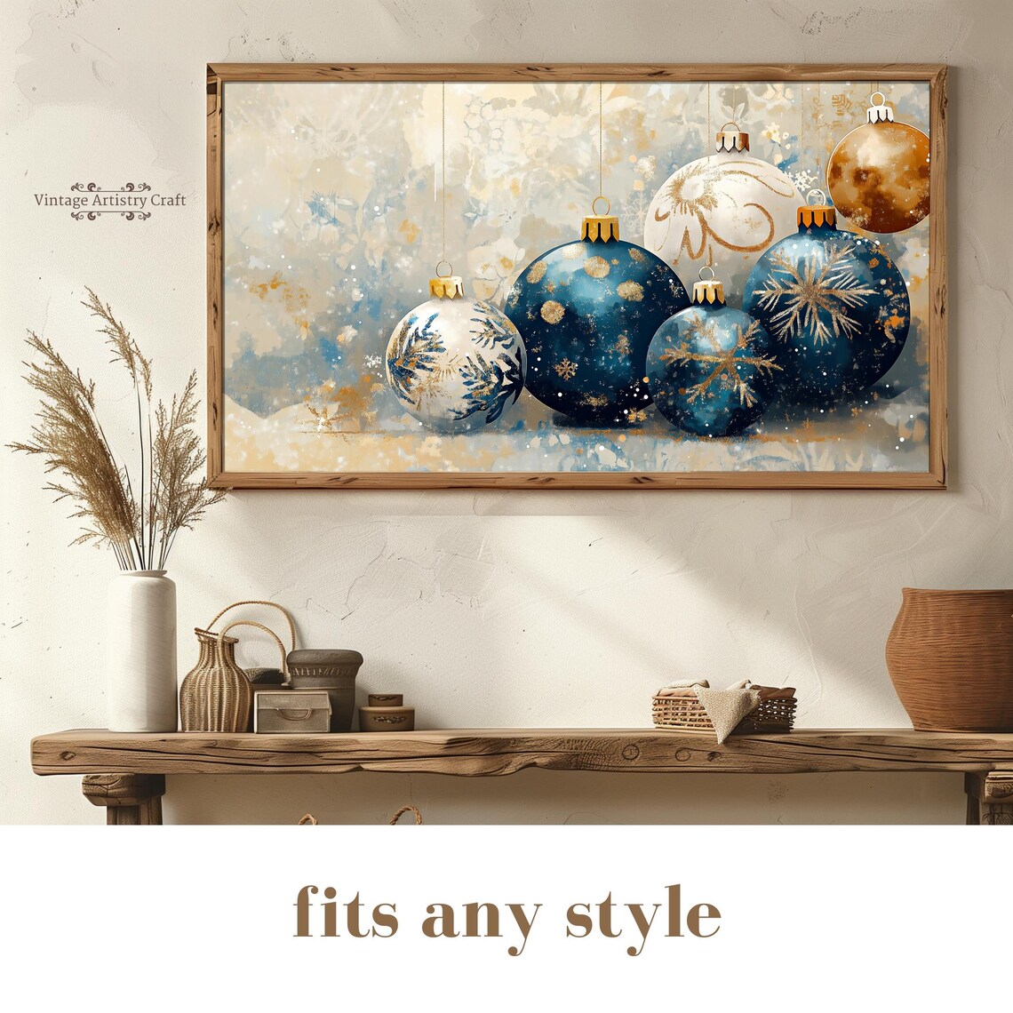 Blue Gold Christmas Ornaments Holiday Baubles Watercolor Poster - Image 6