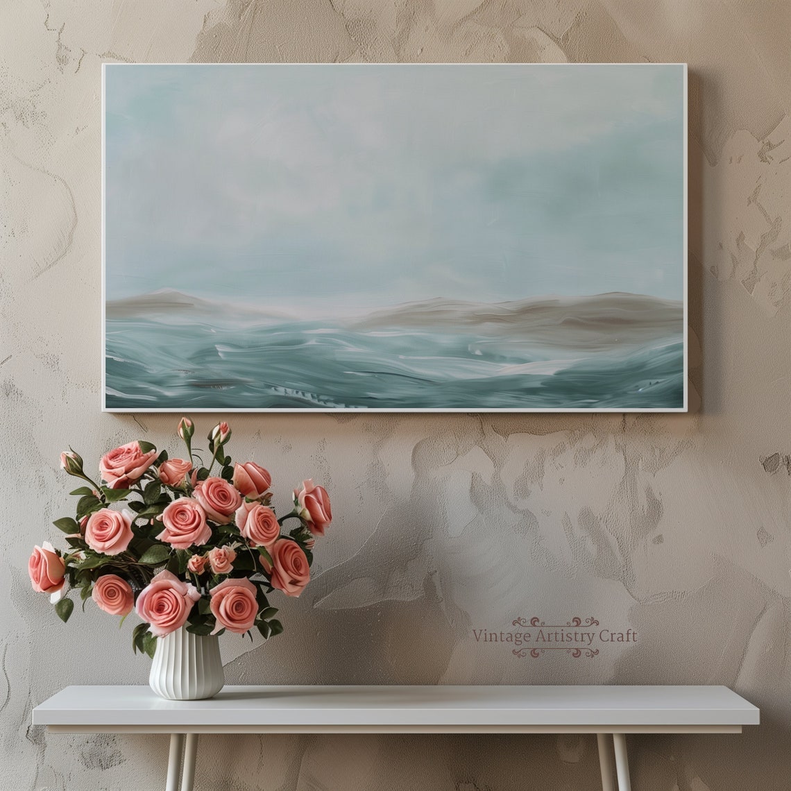 Minimalist Teal Ocean Waves Abstract Coastal Seascape Wall Art - Image 2