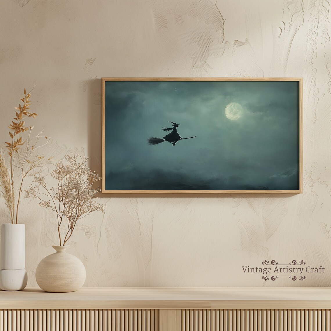 Witch Flying Broomstick Full Moon Night Sky Spooky Halloween Poster - Image 4