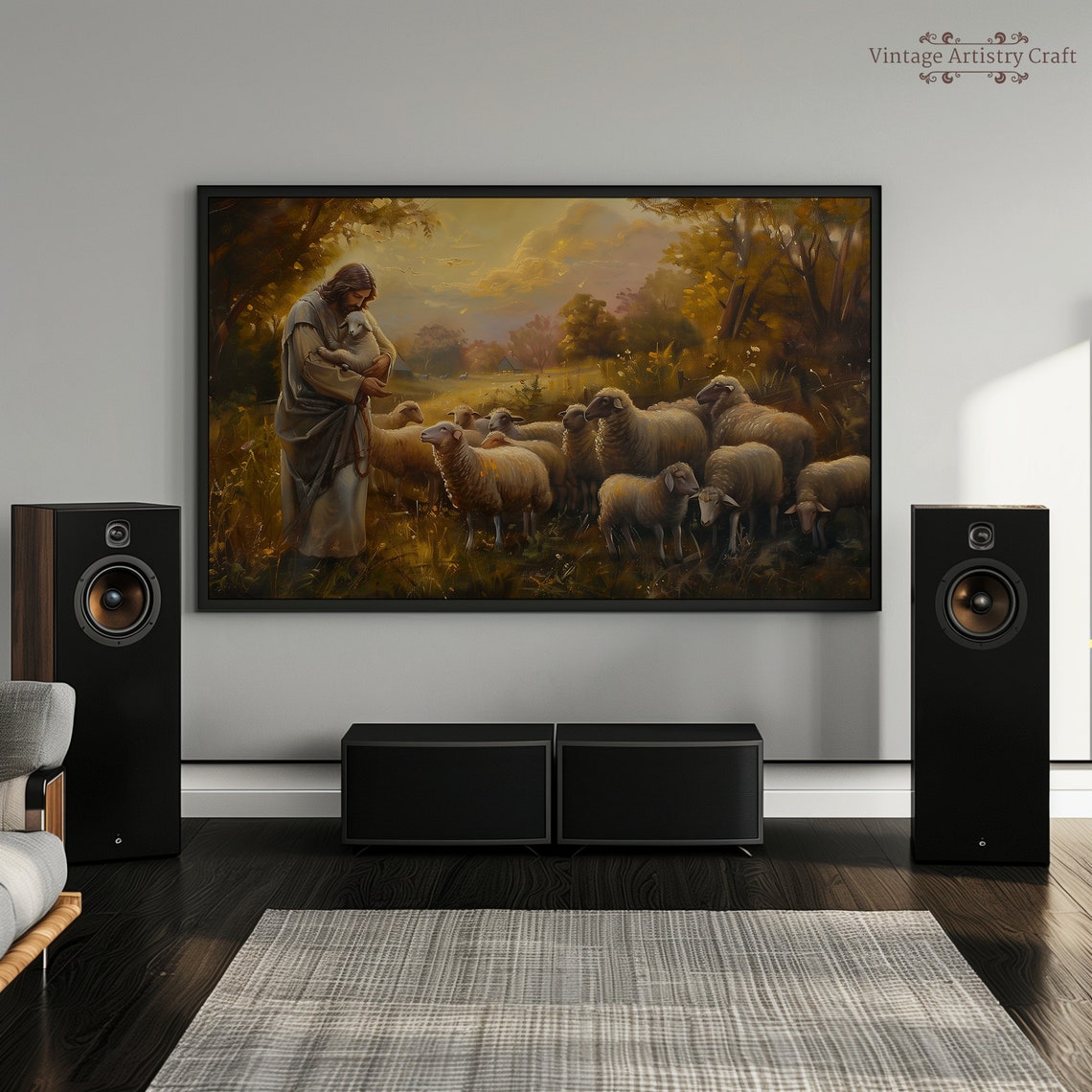Jesus The Good Shepherd Holding Lamb In Golden Sunset Poster - Image 3