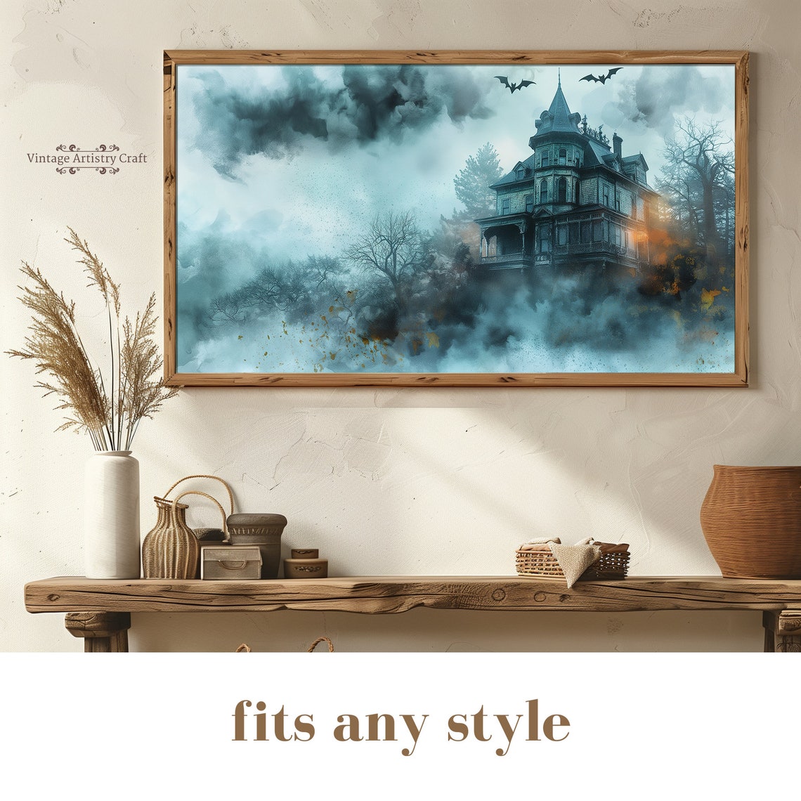 Misty Victorian Haunted Mansion Bats Eerie Gothic Halloween Poster - Image 7