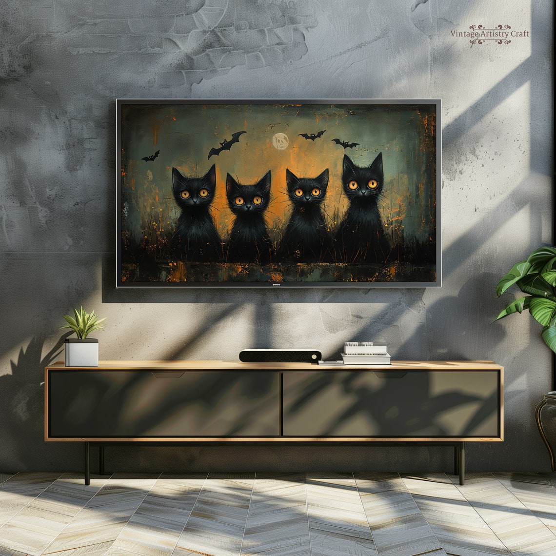 Four Black Cats Golden Eyes Bats Moon Spooky Halloween Poster - Image 6