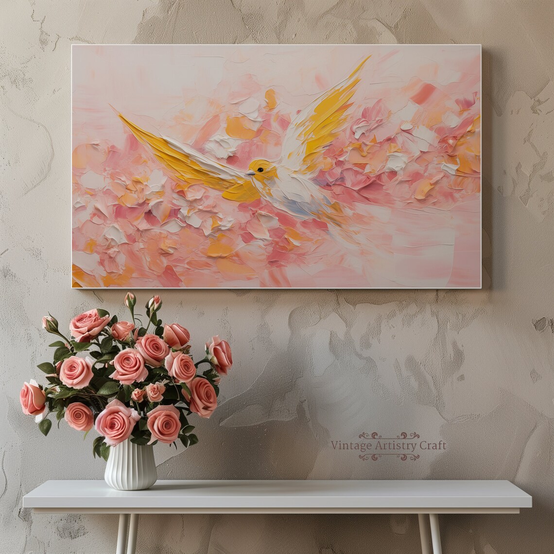 White Bird Golden Wings Pink Impasto Abstract Spring Art Poster - Image 7