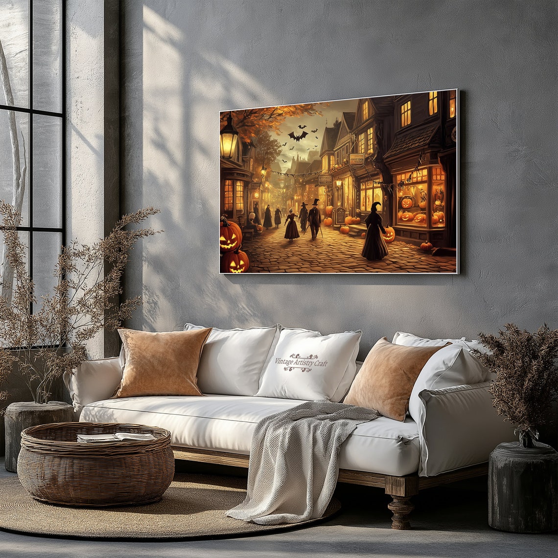 Halloween Street Witches Jack O Lanterns Vintage Town Poster - Image 2