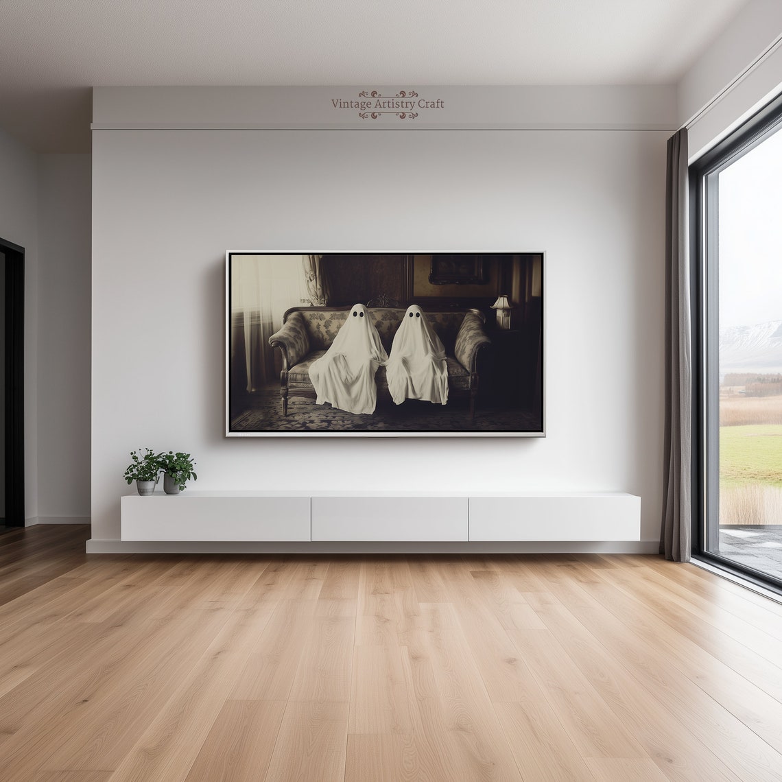 Two Ghosts Vintage Sofa Dark Interior Spooky Halloween Art Poster - Image 3