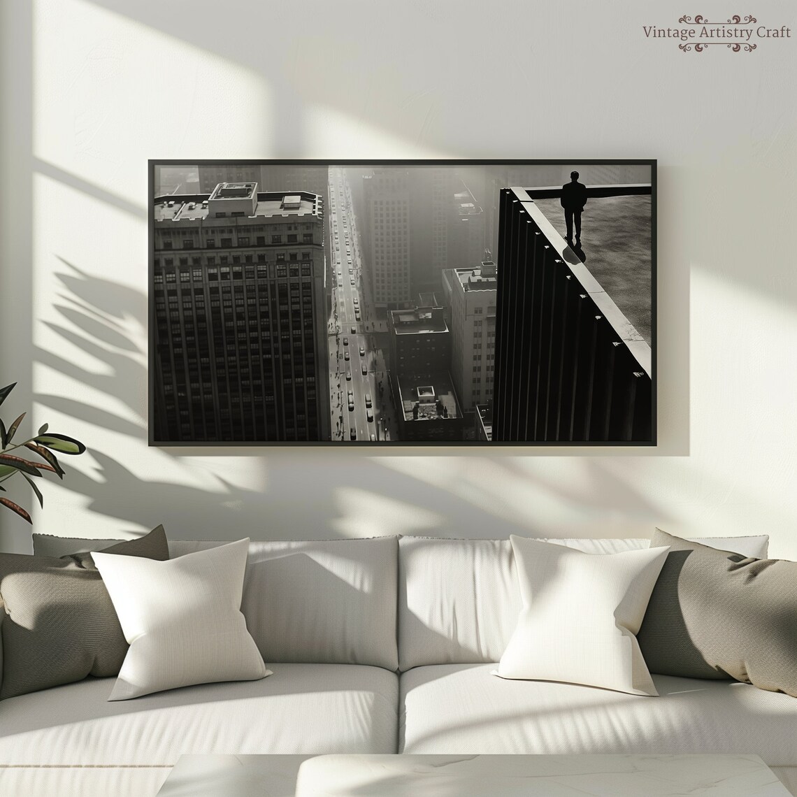 Black and White City Skyline Man on Skyscraper Noir Photo Poster - Image 5