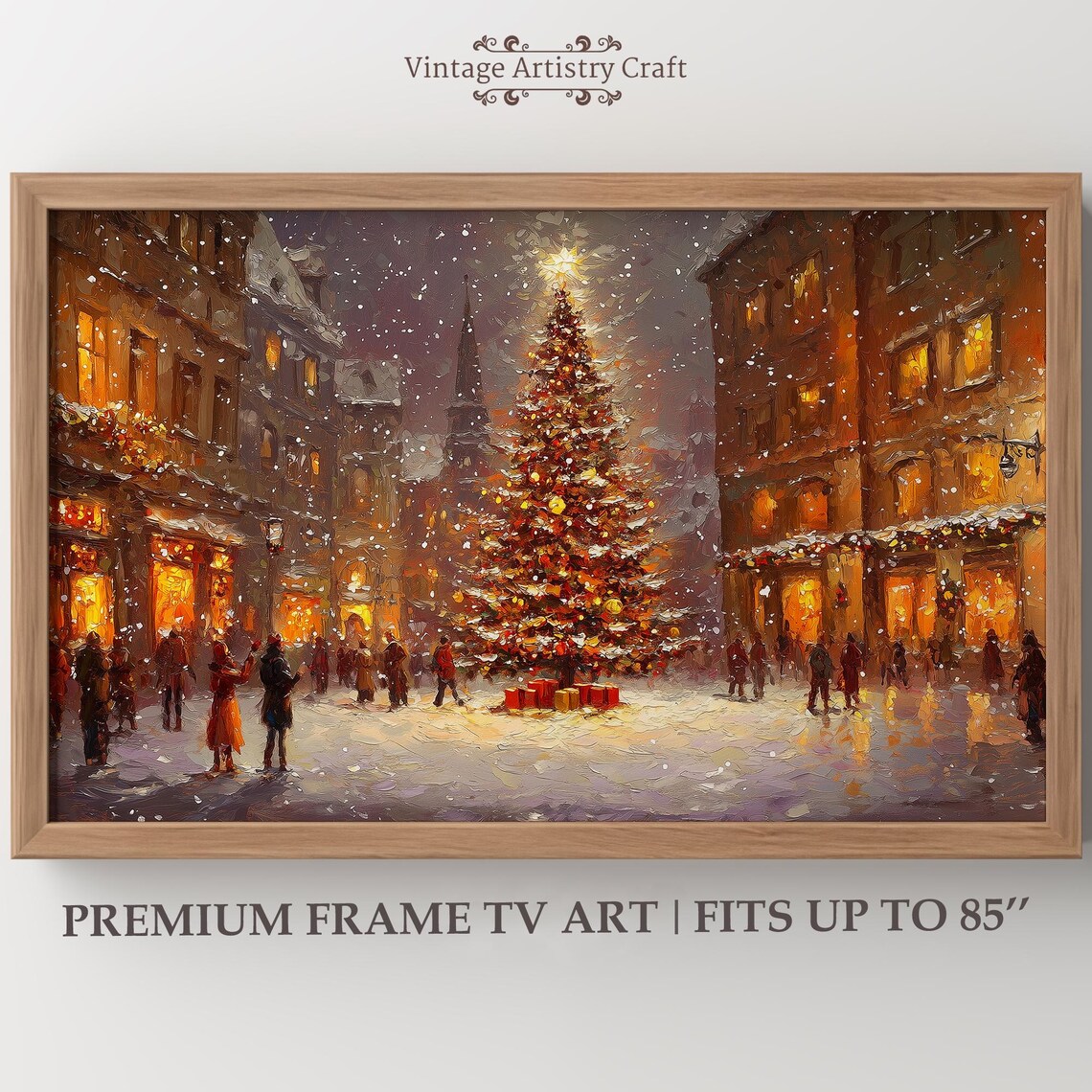 Vintage Christmas Town Square Snowy Street Lit Tree Night Scene Wall Art