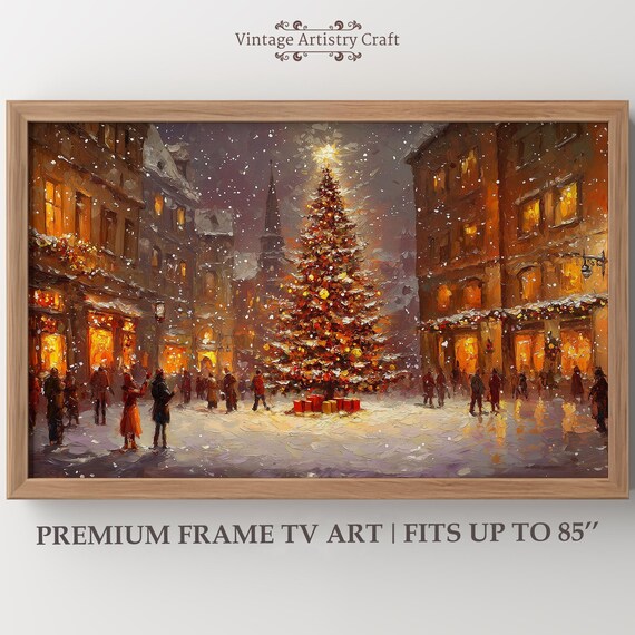 Winter Samsung Frame Tv Art Christmas Tree Warm Street Town Moody Farmhouse Decor Vintage Canvas Oil Painting 4k