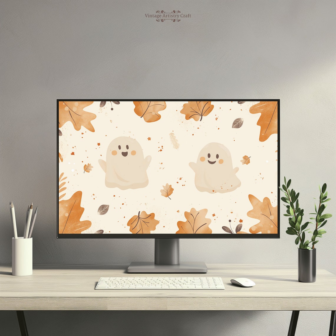 Cute Smiling Ghost Neutral Beige Aesthetic Halloween Desktop Wallpaper 4k Pc Mac Laptop Macbook Minimalist Background Uhd - Image 4