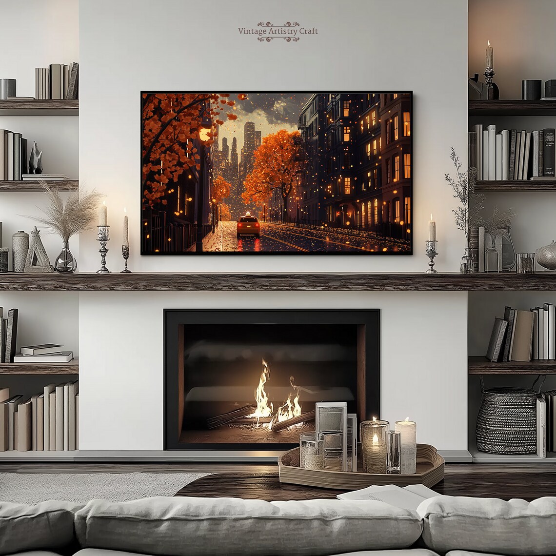 Autumn City Street Taxi Dusk Falling Leaves Night Cityscape Poster - Image 5