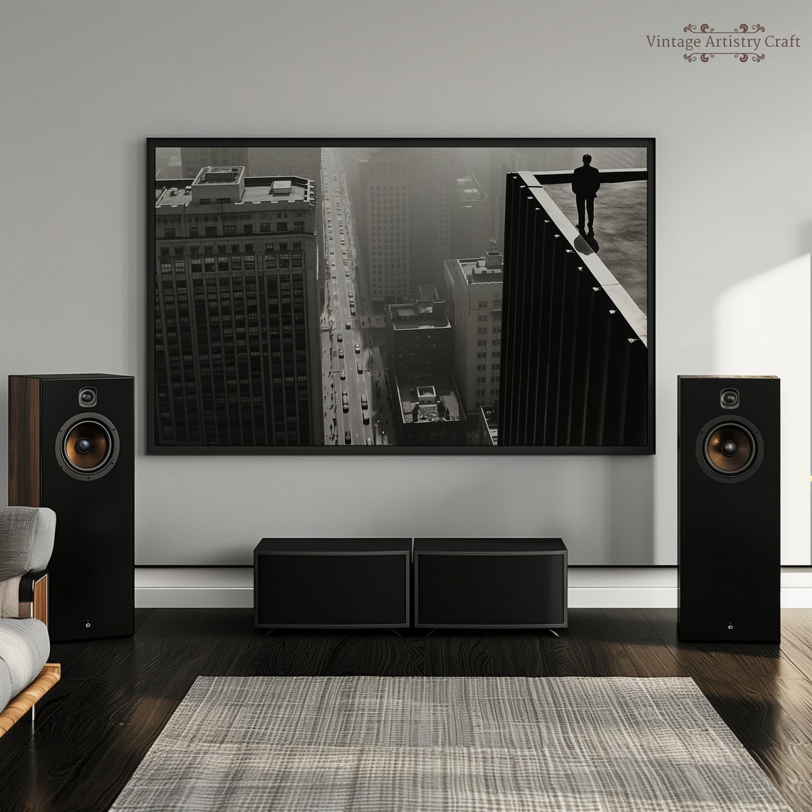Black and White City Skyline Man on Skyscraper Noir Photo Poster - Image 6
