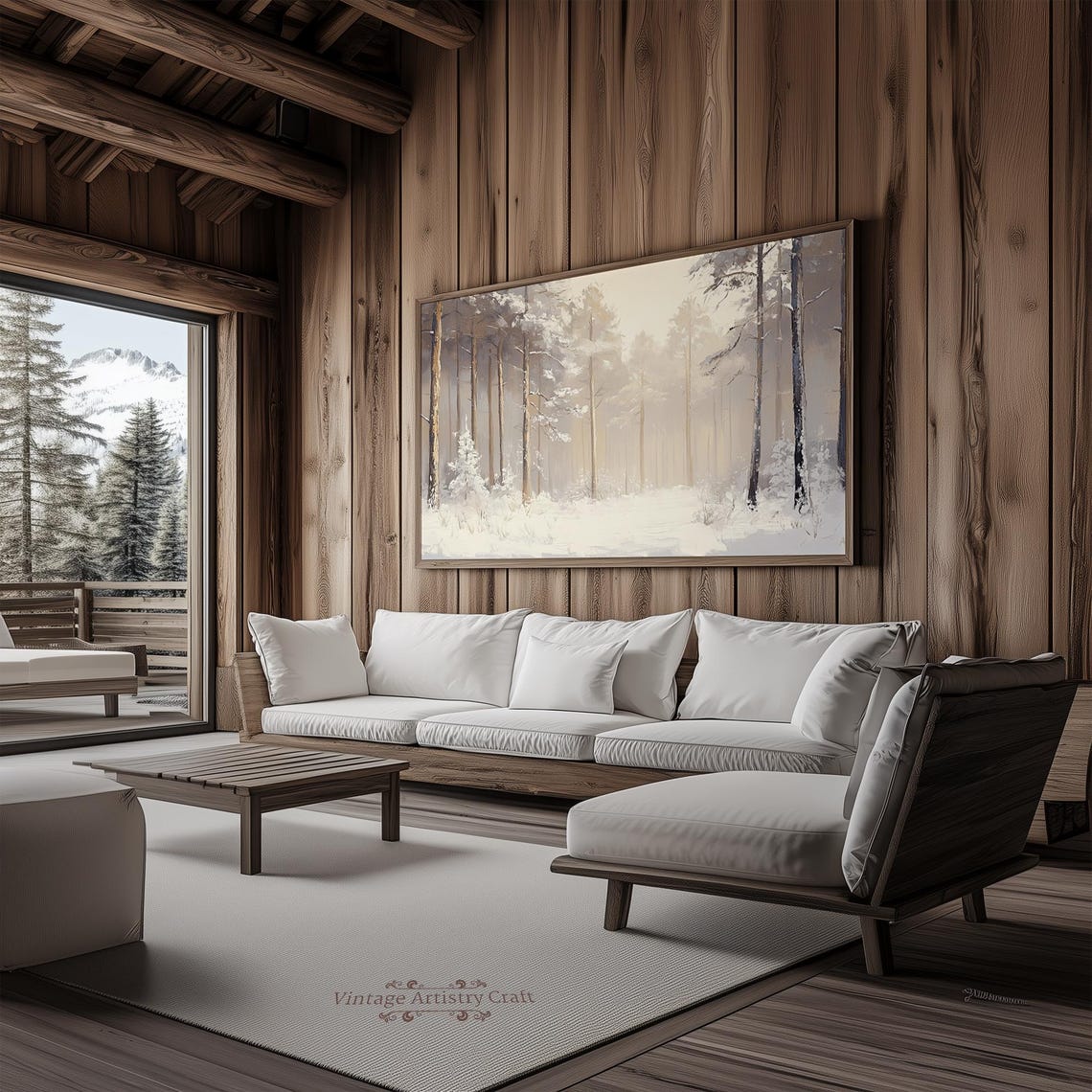 Misty Beige Snowy Pine Forest Calm Winter Wonderland Painting Poster - Image 5