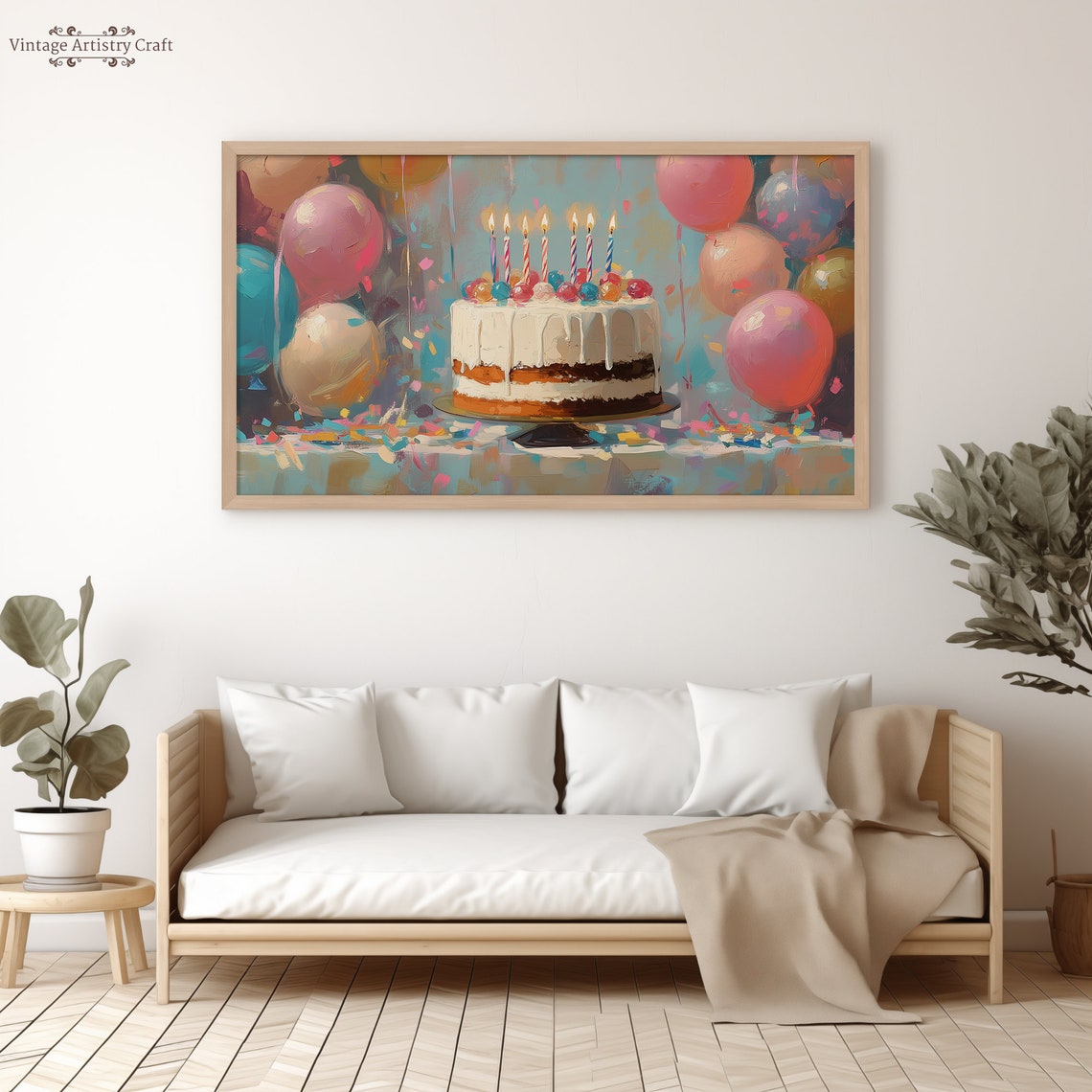 Painterly Birthday Cake With Seven Candles Confetti Party Poster - Image 3