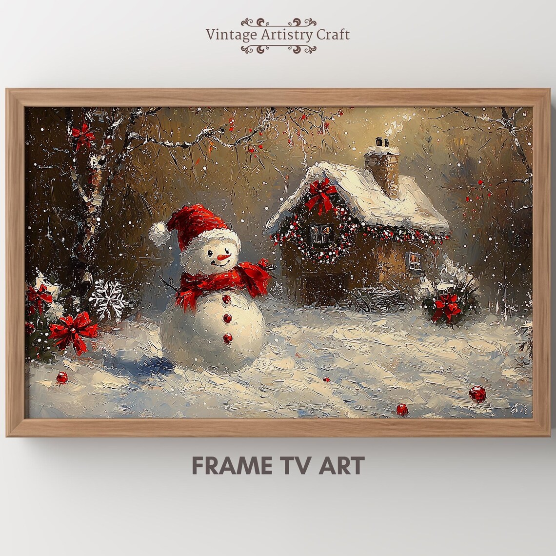Smiling Snowman Standing by a Snowy Christmas Cabin Art Poster