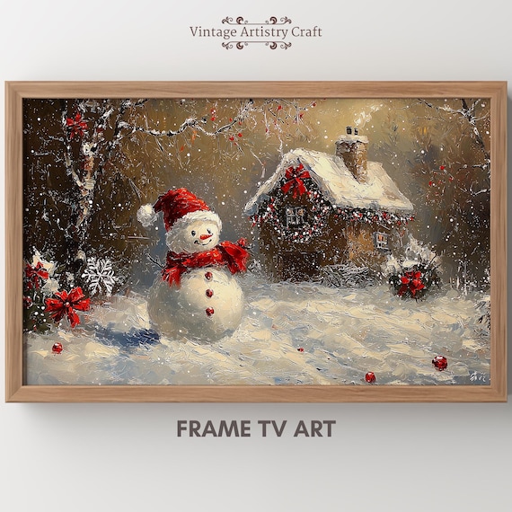 Smiling Snowman Standing by a Snowy Christmas Cabin Art Poster