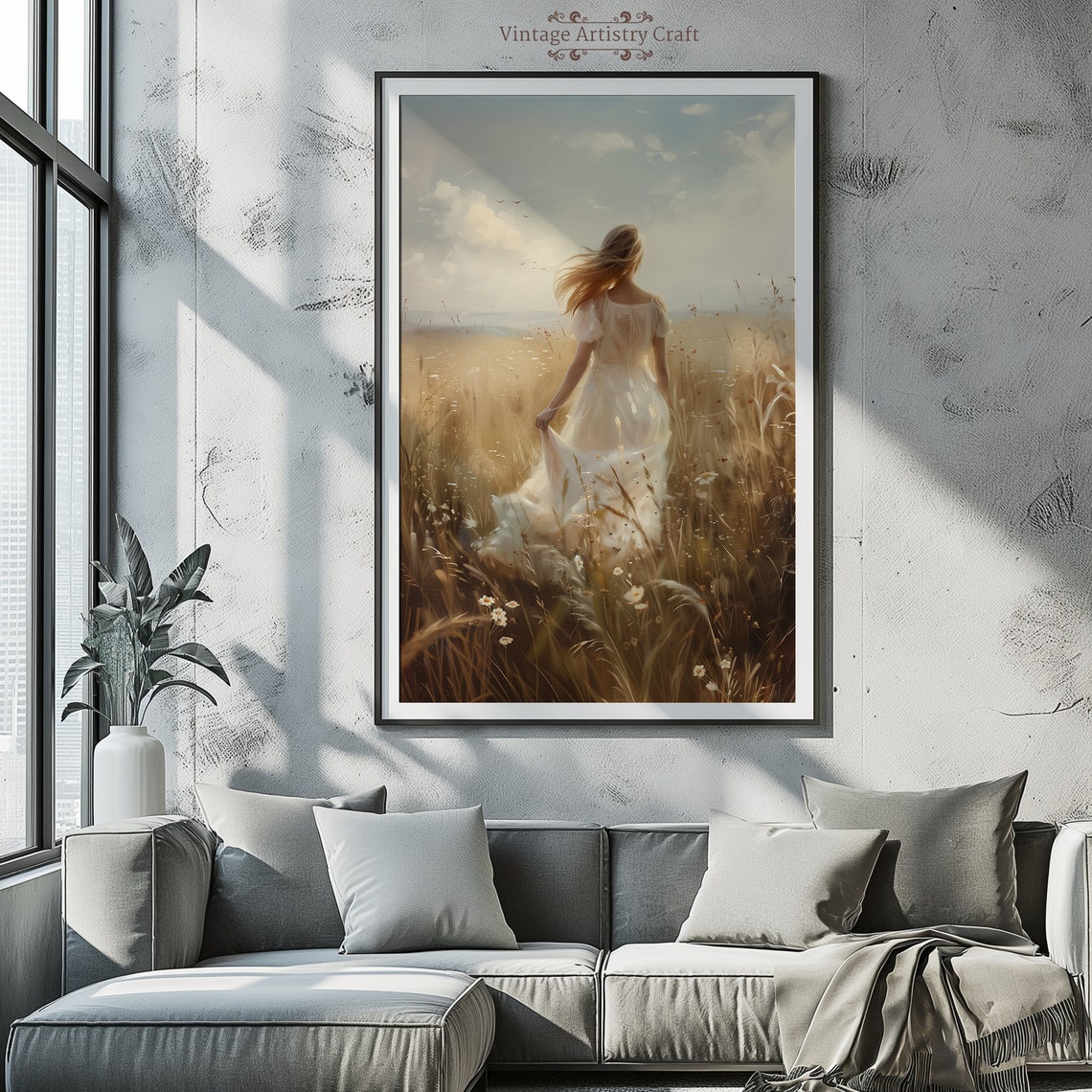 White Dress Woman In Wildflower Field Painting Cottage Core Farmhouse Art Oil Painting Spring Home Decor 300 Dpi - Image 2