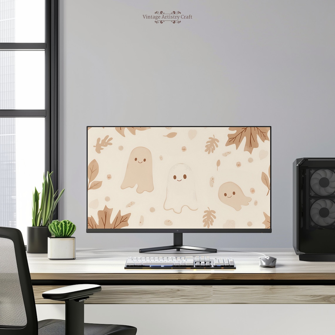 Cute Smiling Ghosts Beige Fall Leaves Desktop Wallpaper Halloween Poster - Image 3