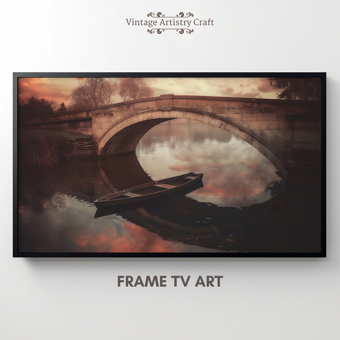 Old Stone Bridge and Rowboat Sunset Reflection Moody River Poster - Image 3