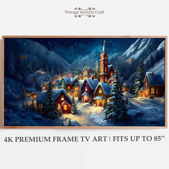 Cozy Christmas Mountain Village Night Glowing Cottages Church Snow Wall Art