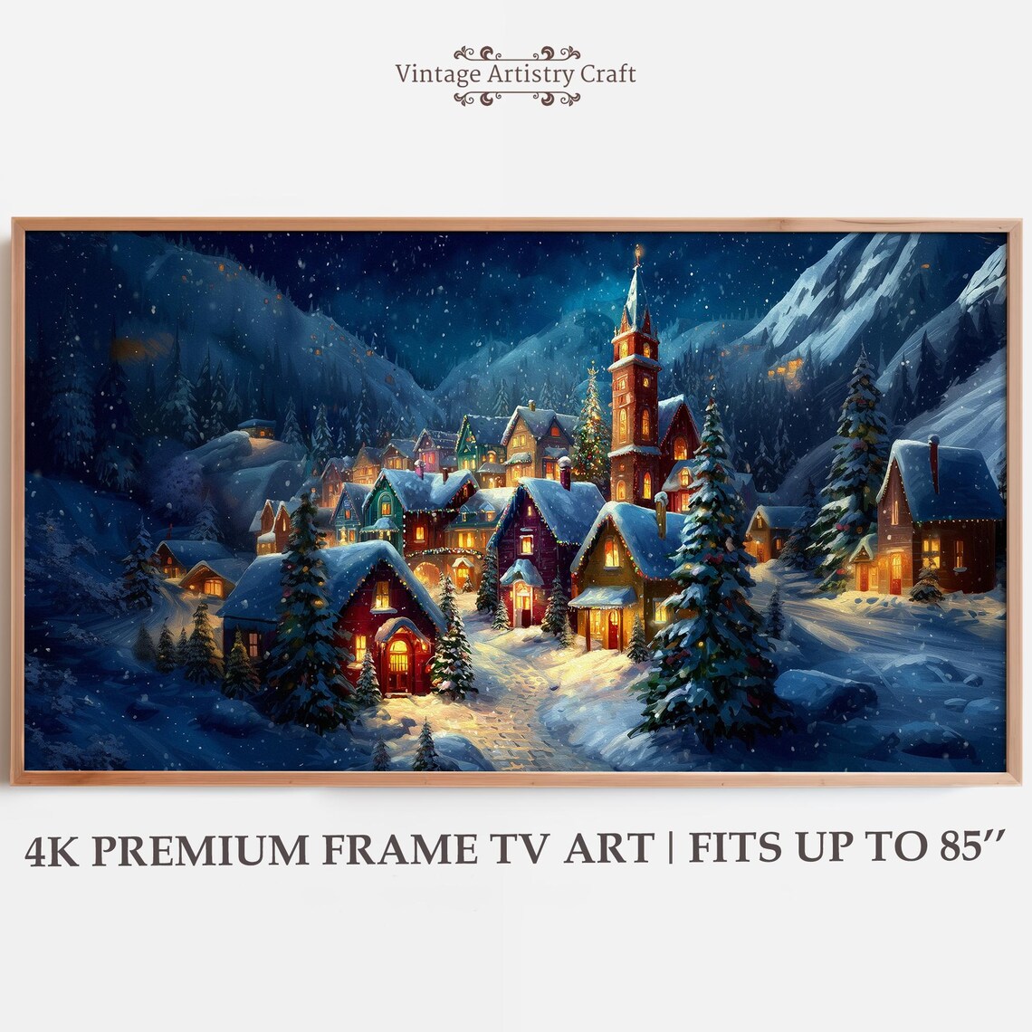 Cozy Christmas Mountain Village Night Glowing Cottages Church Snow Wall Art