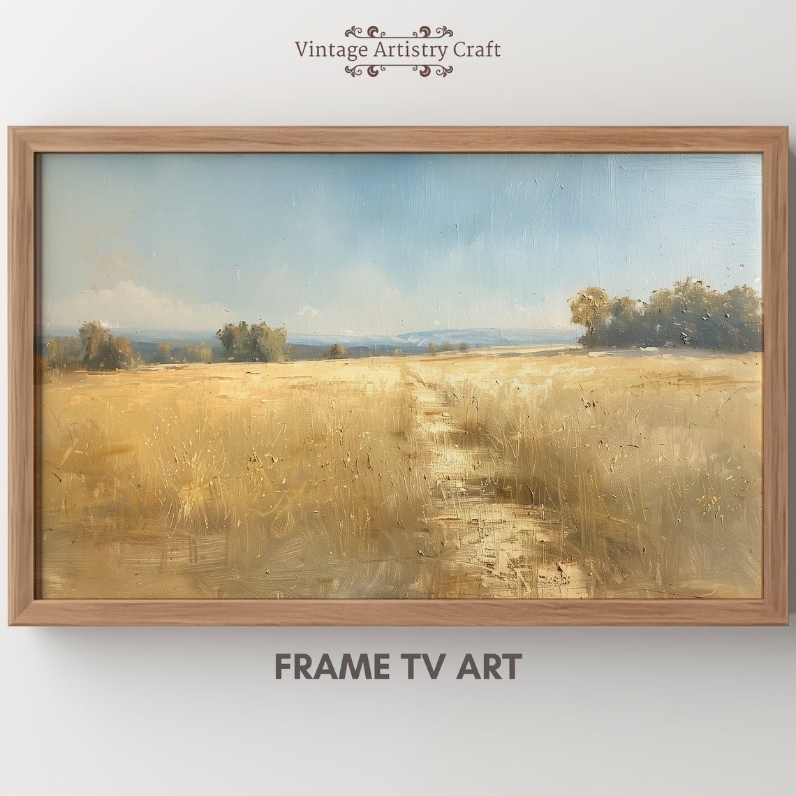 Golden Grass Field Under Blue Sky Minimalist Landscape Poster