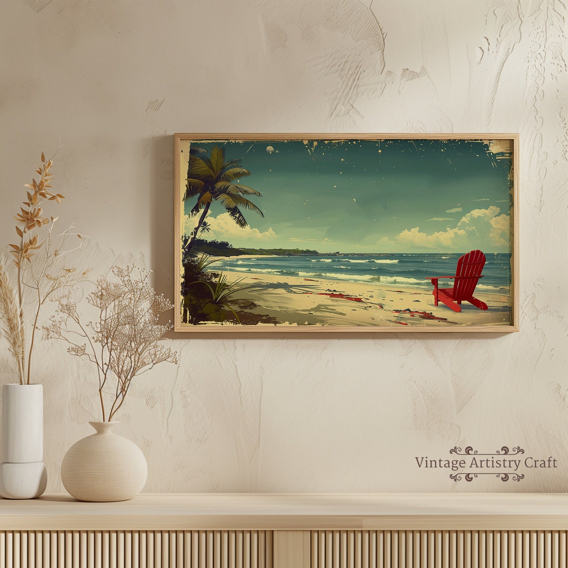 Vintage Beach Palms Red Beach Chair Retro Ocean Scene Poster - Image 8