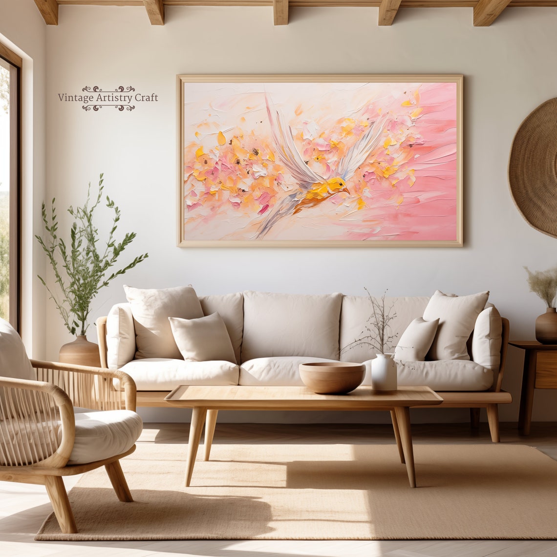 Golden Bird in Flight Pink Blossom Abstract Impasto Art Poster - Image 4