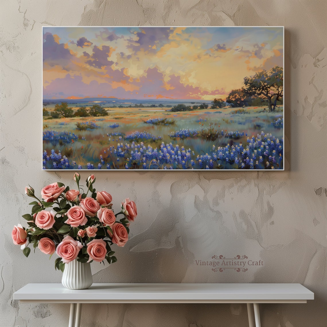 Bluebonnet Wildflower Meadow At Sunset Landscape Painting Poster - Image 7