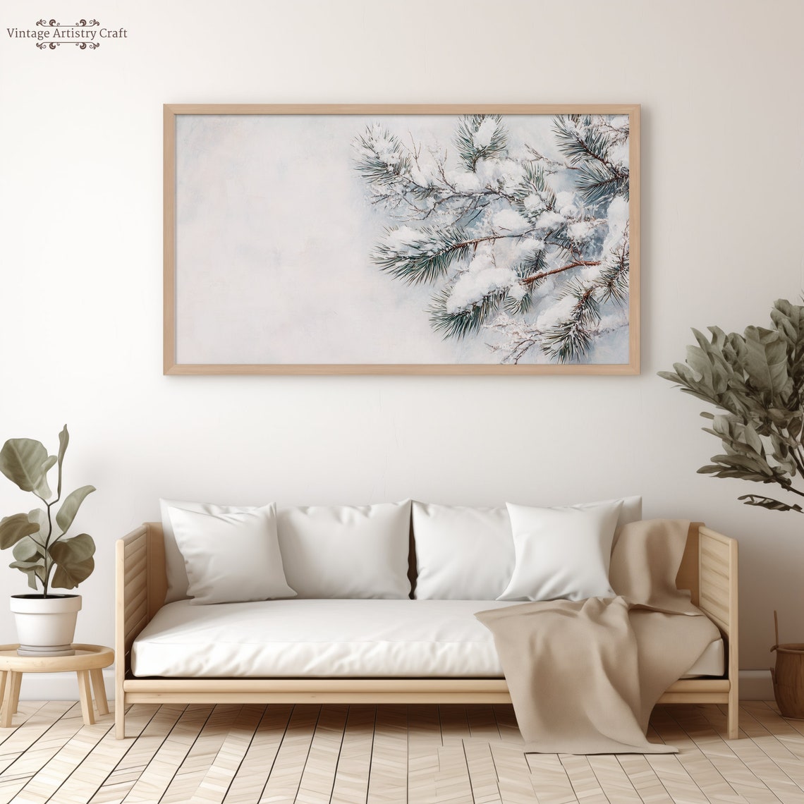 Snow Covered Pine Branches Closeup Winter Botanical Serene Poster - Image 2