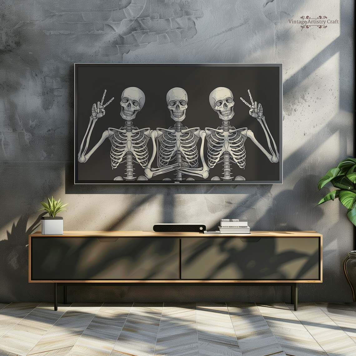 Funny Skeletons Trio Peace Signs Retro Halloween Spooky Poster - Image 4