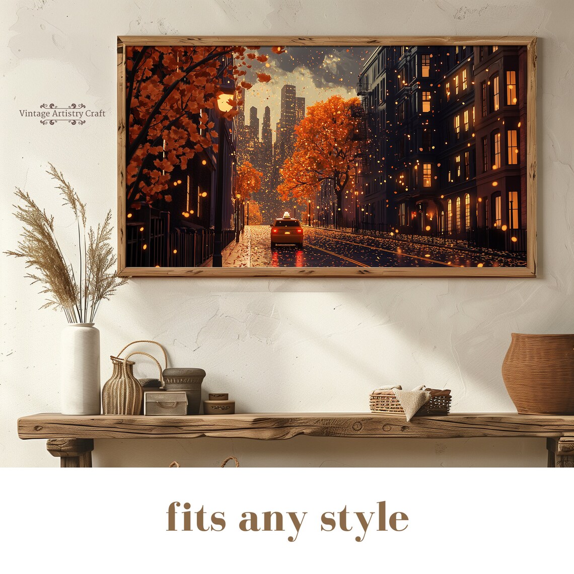 Autumn City Street Taxi Dusk Falling Leaves Night Cityscape Poster - Image 8
