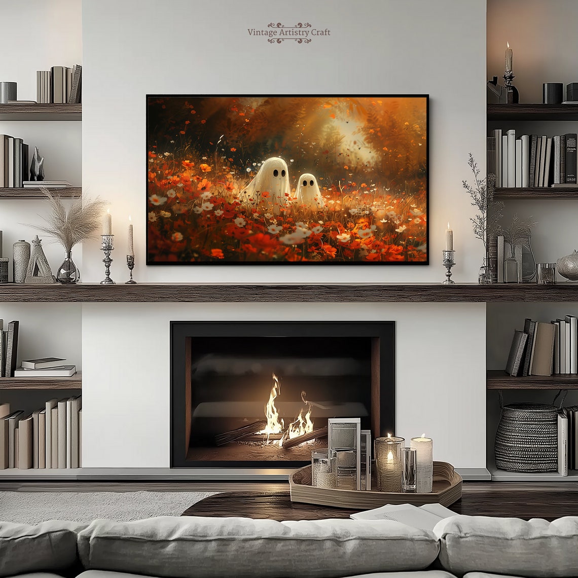 Cute Ghosts Autumn Wildflower Field Cozy Whimsical Halloween Poster - Image 6