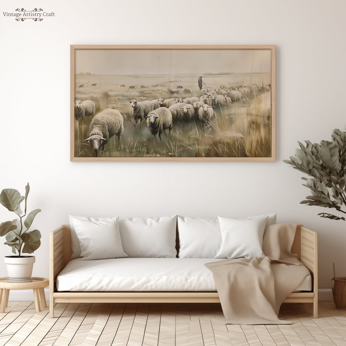Sheep Flock In Misty Field Pastoral Vintage Painting Art Poster - Image 8