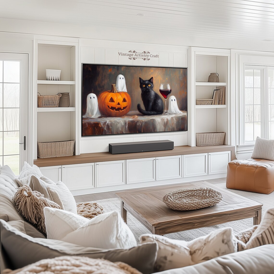 Cute Ghosts Jack O Lantern Black Cat Wine Halloween Painting Poster - Image 2