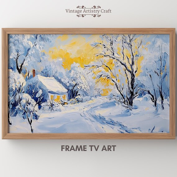 Impressionist Snowy Cottage Golden Sky Winter Village Poster