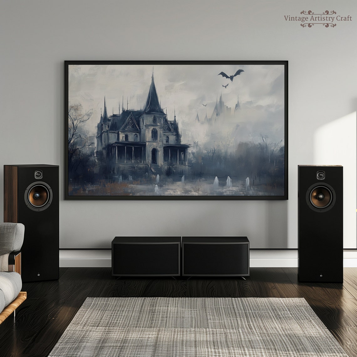Misty Blue Grey Haunted Mansion Ghosts Bats Eerie Manor Poster - Image 5
