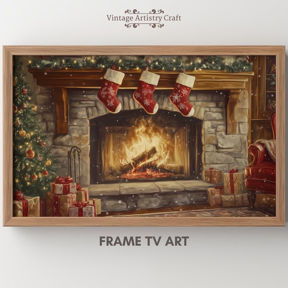Winter Frame Tv Art Warm Cozy Christmas Fireplace Gift Socks Moody Farmhouse Tv Decor Vintage Painting 4k Instant