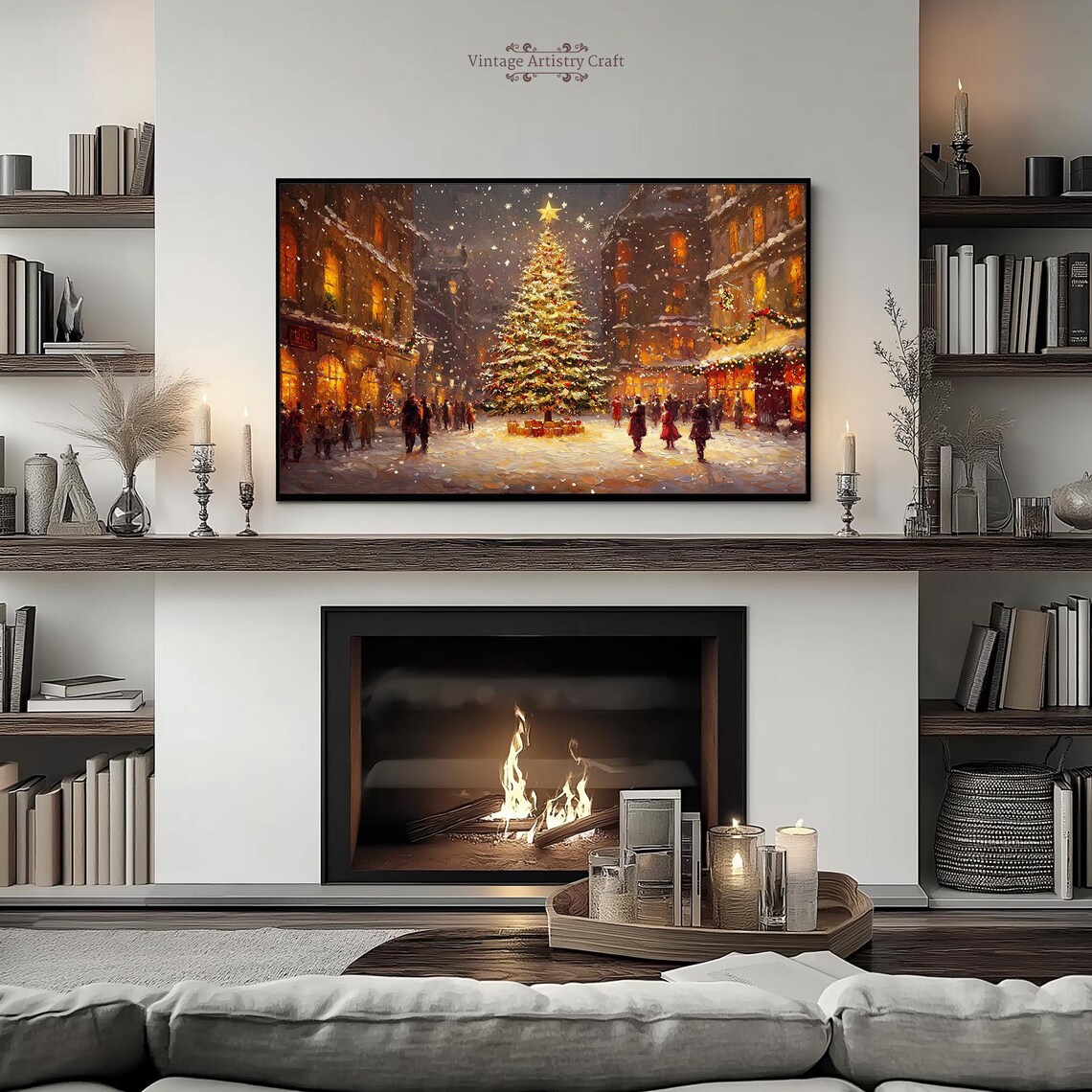 Christmas Tree Gifts Snowy Town Square Winter Night Market Poster - Image 5
