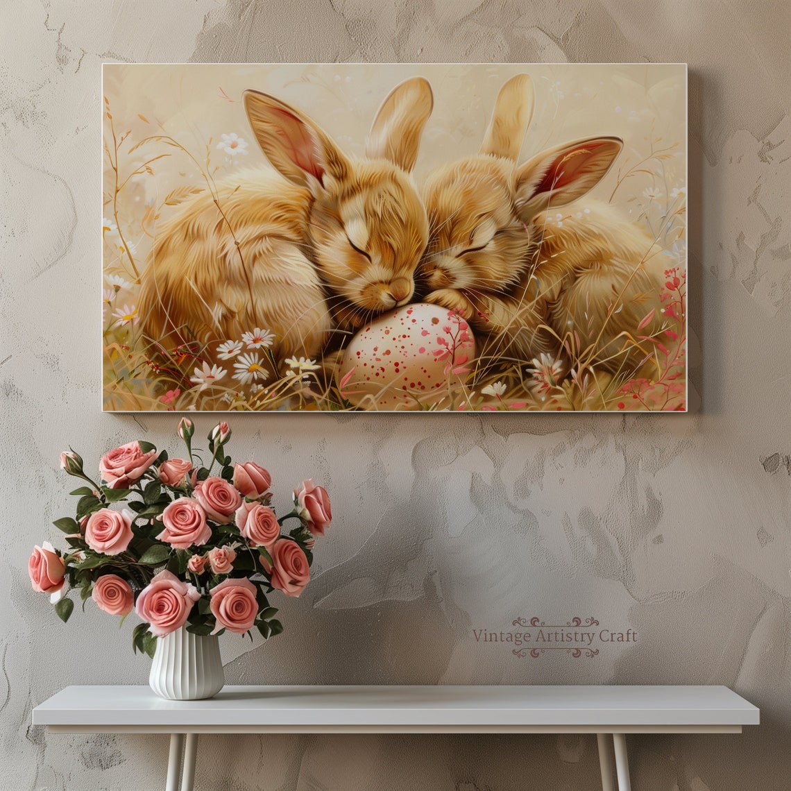 Two Sleeping Bunny Rabbits With Painted Egg Soft Pastel Poster - Image 4