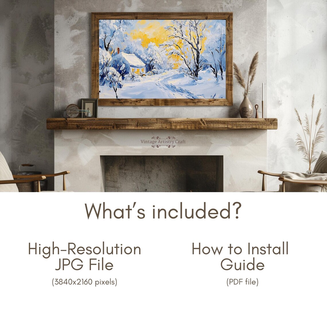 Impressionist Snowy Cottage Golden Sky Winter Village Poster - Image 6