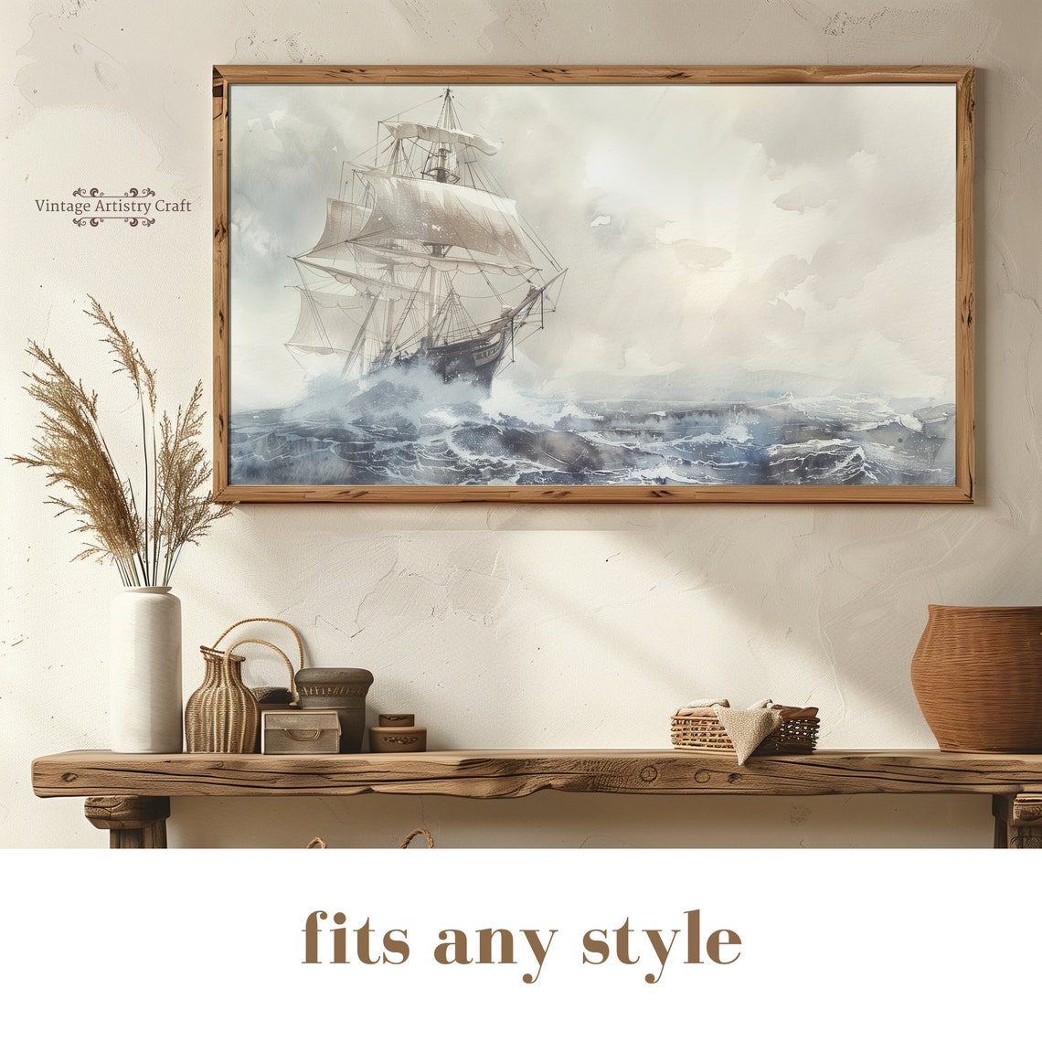 Tall Ship Stormy Sea Muted Nautical Watercolor Coastal Poster - Image 6