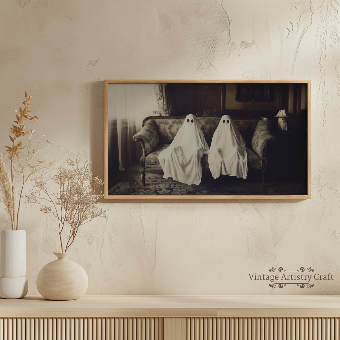 Two Ghosts Vintage Sofa Dark Interior Spooky Halloween Art Poster - Image 4
