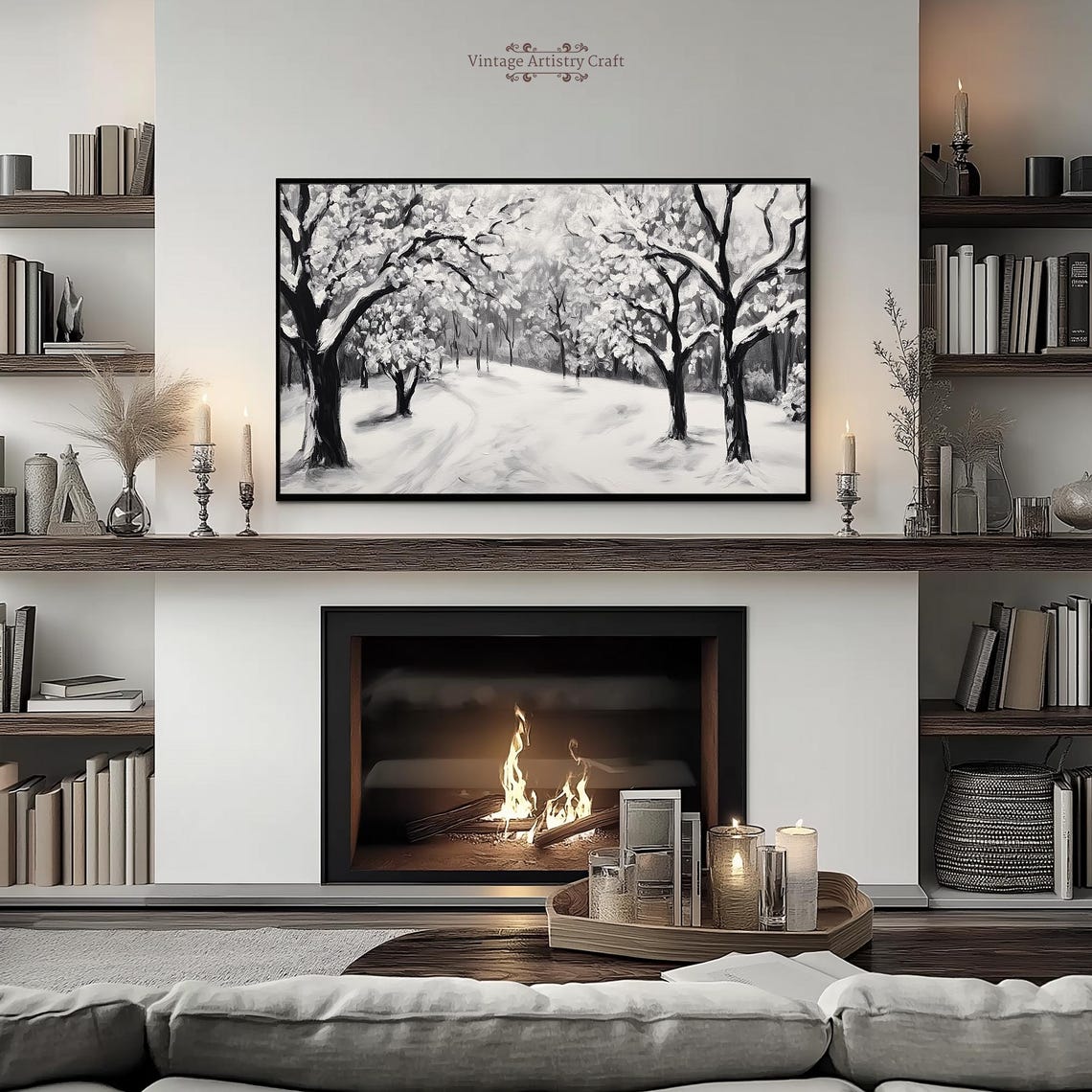 Black White Snowy Forest Trees Path Winter Monochrome Wall Art - Image 3