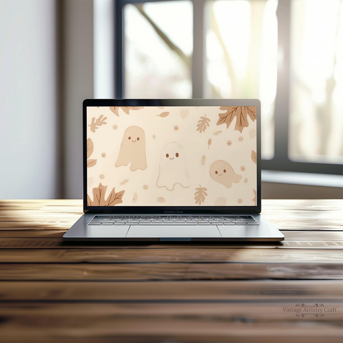 Cute Smiling Ghosts Beige Fall Leaves Desktop Wallpaper Halloween Poster - Image 6